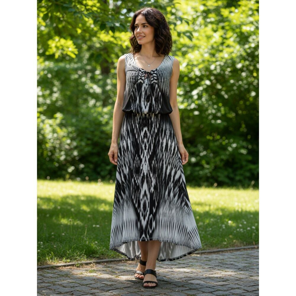 One World NWT Black & White Boho High-Low Maxi Dress | Women's Size L